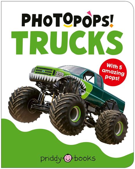 "PHOTOPOPS! TRUCKS" und "With 5 amazing pops!" auf weißem Hintergrund. Ein grüner Monstertruck ist abgebildet.