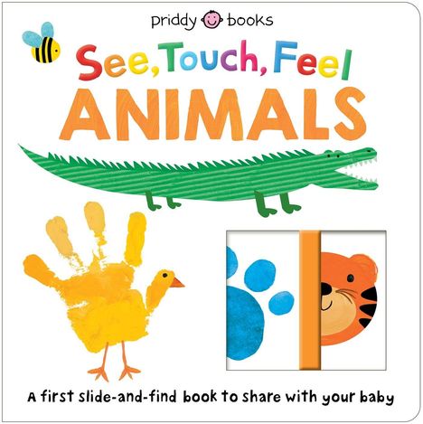 „See, Touch, Feel Animals“. Ein Alligator, ein Handabdruck-Vogel und ein Tiger sind abgebildet.