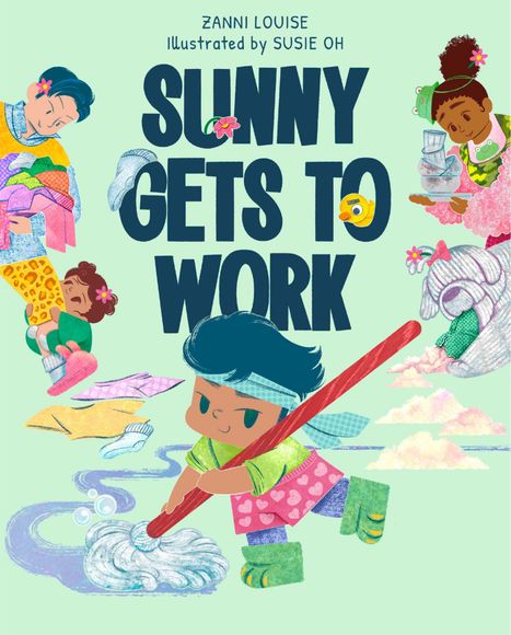 Titel: "Sunny Gets to Work". Illustrationen: fröhliche Kinder bei Haushaltstätigkeiten mit leuchtenden Farben und Details.