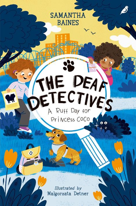 "The Deaf Detectives: A Ruff Day for Princess Coco", fröhliche Kinder, ein Hund und hellblaue Bäume vor gelbem Himmel.