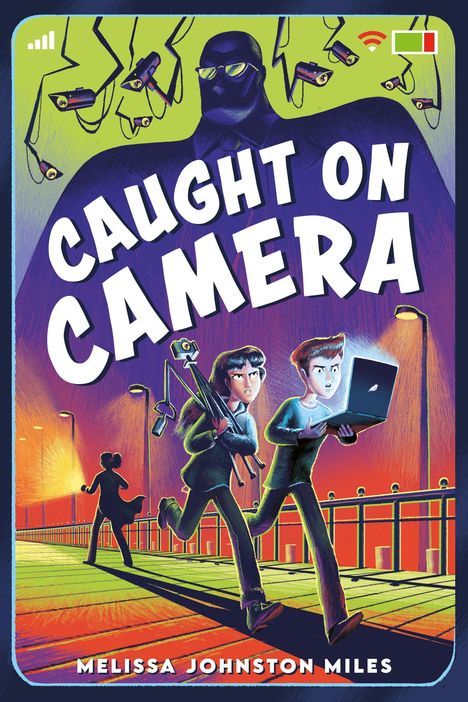 Der Text lautet "CAUGHT ON CAMERA". Zwei Personen rennen, eine mit Laptop, umgeben von Überwachungskameras.