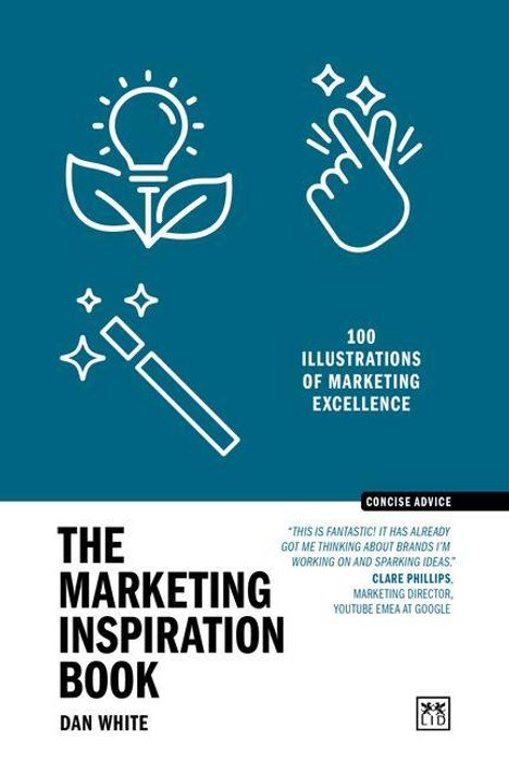 "100 Illustrations of Marketing Excellence." Oben Symbole: Glühbirne, Finger, Zauberstab. Titel: "The Marketing Inspiration Book."