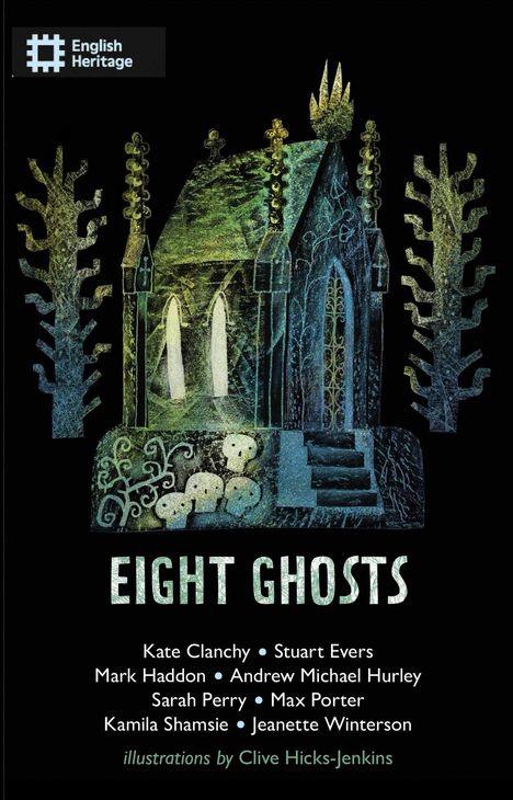 "English Heritage." "EIGHT GHOSTS." Namen von Autoren. Illustration eines mystischen Gebäudes mit Totenköpfen und Bäumen.