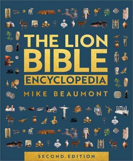 „THE LION BIBLE ENCYCLOPEDIA, MIKE BEAUMONT, SECOND EDITION“ umgeben von vielen kleinen Bildern, wie Vasen und Tieren.