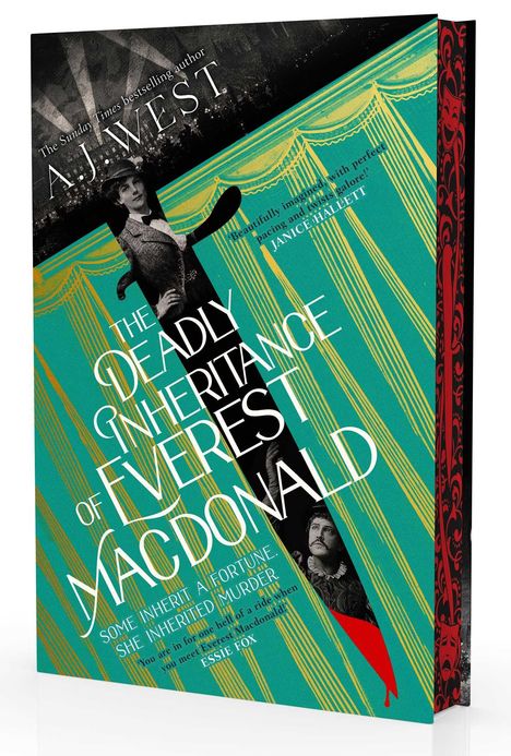 "The Deadly Inheritance of Everest MacDonald" in weißen Buchstaben, stilisierte Figuren und grüne Hintergrundmuster.