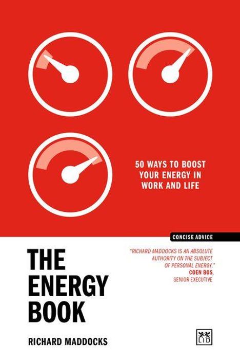 "50 Ways to Boost Your Energy in Work and Life." Rotes Design mit Energieanzeigen und schwarzem Text auf weißem Hintergrund.
