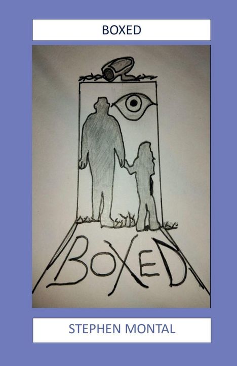 "BOXED" und "STEPHEN MONTAL" stehen auf einem lilafarbenen Rand. Illustration: Schatten einer Person und eines Kindes vor Kamera und Auge.