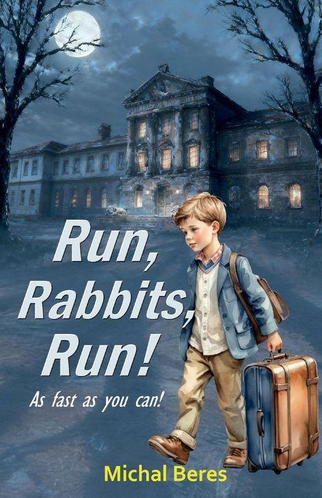 „Run, Rabbits, Run! As fast as you can! Michal Beres“. Ein Junge mit Koffer vor einem alten Gebäude bei Vollmond.