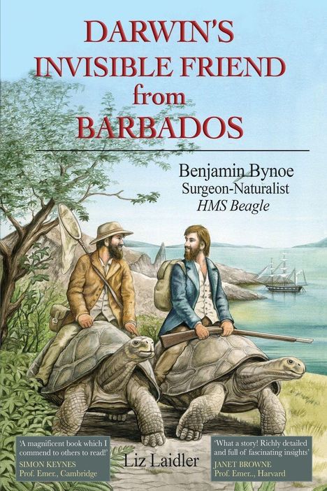 „DARWIN'S INVISIBLE FRIEND from BARBADOS“. Zwei Männer auf Riesenschildkröten an einer Küste, mit Segelschiff im Hintergrund.