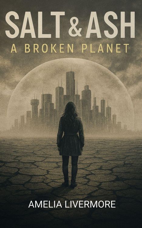 Text: "SALT & ASH, A BROKEN PLANET, AMELIA LIVERMORE." Eine Person steht vor einer futuristischen Stadt unter einer Kuppel.