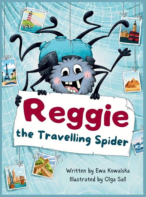 „Reggie the Travelling Spider“, Zeichnung einer fröhlichen Spinne mit Postkarten im Netz.