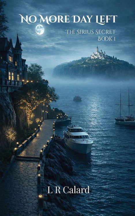 "No More Day Left", "The Sirius Secret Book 1", "L R Calard"; nächtlicher Pfad am Wasser mit beleuchteten Gebäuden und Booten.
