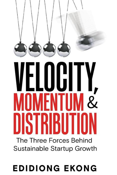 "VELOCITY, MOMENTUM & DISTRIBUTION" in Weiß und Gelb. Oben fünf schwingende Kugeln; roter Hintergrund.