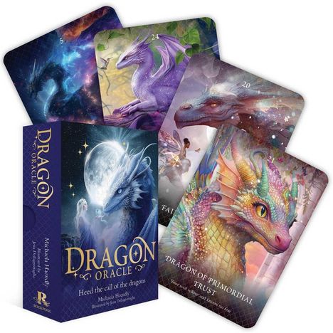 "DRAGON ORACLE" auf Schachtel, farbenfrohe Drachenillustrationen auf Karten mit Nummern und Aufschriften, z.B. "DRAGON OF PRIMORDIAL TRUST".