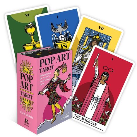 "POP ART TAROT" Karten und Box, farbenfrohe Illustrationen, darunter "THE MAGICIAN", bunte, lebendige Pop-Art-Stile.