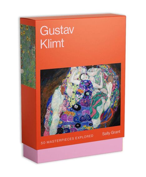 "Buchcover 'Gustav Klimt', '50 Masterpieces Explored', Autorin: Sally Grant. Bunte, abstrakte Illustration in der Mitte."