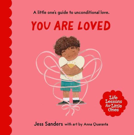 "You Are Loved" in roten Buchstaben. Kind mit lockigem Haar, umgeben von rosa Herzschleife.