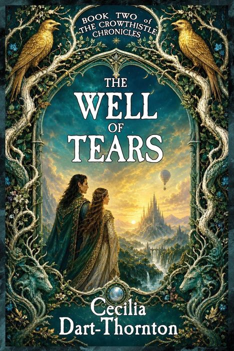"Book Two of The Crowthistle Chronicles" zeigt ein Fantasie-Szenario mit zwei Personen, Vogel und Burg in Landschaft.