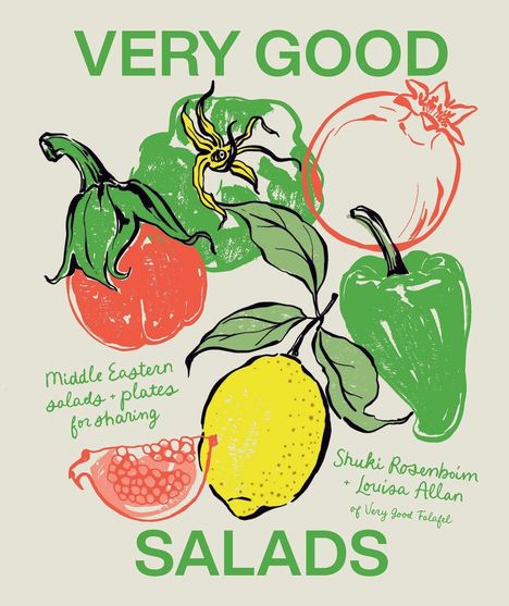 Text: "VERY GOOD SALADS", "Middle Eastern salads + plates for sharing", "Shuki Rosenboom + Louisa Allan". Zeichnung: Gemüse und Zitrone.