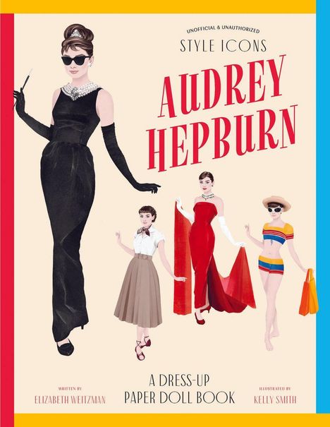 "Style Icons: Audrey Hepburn" in großer Schrift. Illustration verschiedener Mode-Outfits von Audrey Hepburn.
