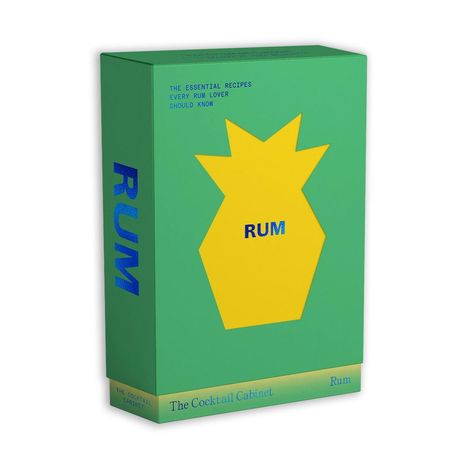 "RUM" in blauer Schrift. Gelbe Ananas-Form auf grünem Hintergrund. Text: "The Cocktail Cabinet".
