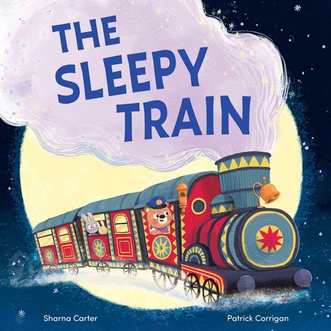 Große lila Schrift "THE SLEEPY TRAIN". Freude strahlender Zug mit Bär und weiteren Tieren auf dunklem Nachthimmel.