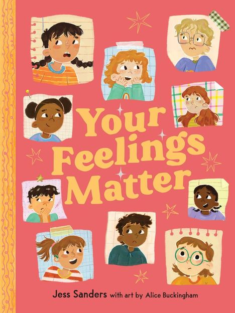 „Your Feelings Matter“ in großer, gelber Schrift. Viele Kinder mit unterschiedlichen Gesichtsausdrücken sind illustriert.