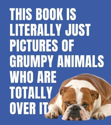 Der Text lautet: "THIS BOOK IS LITERALLY JUST PICTURES OF GRUMPY ANIMALS WHO ARE TOTALLY OVER IT." Ein grimmiger Bulldogge liegt darunter.