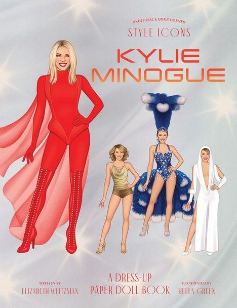 „Kylie Minogue: A Dress-Up Paper Doll Book“. Illustration von vier modisch gekleideten Frauen in auffälligem Design.