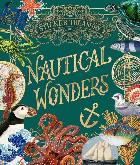 „The Sticker Treasury of Nautical Wonders“ in verschnörkelter Schrift, umgeben von Meeresmotiven wie Tieren und Pflanzen.