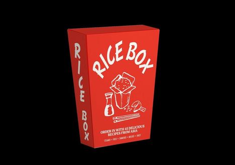 Rot-weiße Verpackung mit der Aufschrift "Rice Box". Illustration von Reis, Sojasauce und Essstäbchen.
