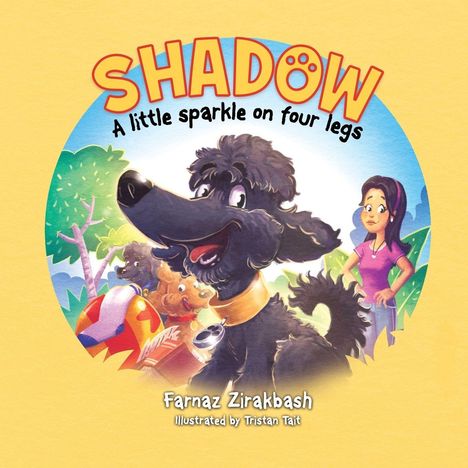 „SHADOW: A little sparkle on four legs“ steht oben, darunter ein lachender schwarzer Hund, ein Kind und Bäume.