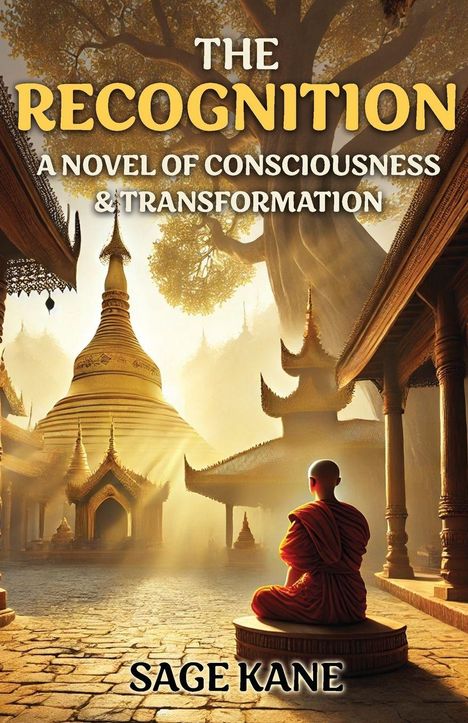 "The Recognition: A Novel of Consciousness & Transformation" von Sage Kane. Ein Mönch sitzt in einem Tempelhof.
