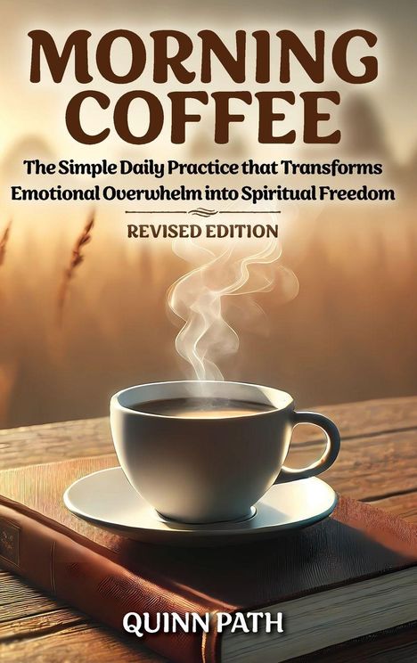 "Morning Coffee: The Simple Daily Practice that Transforms Emotional Overwhelm into Spiritual Freedom. Revised Edition." Eine Tasse Kaffee steht auf einem Buch.