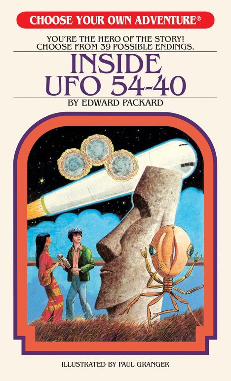 "Inside UFO 54-40" von Edward Packard, Illustration von Paul Granger. Figuren, Raumschiff und eine Steinfigur im All.
