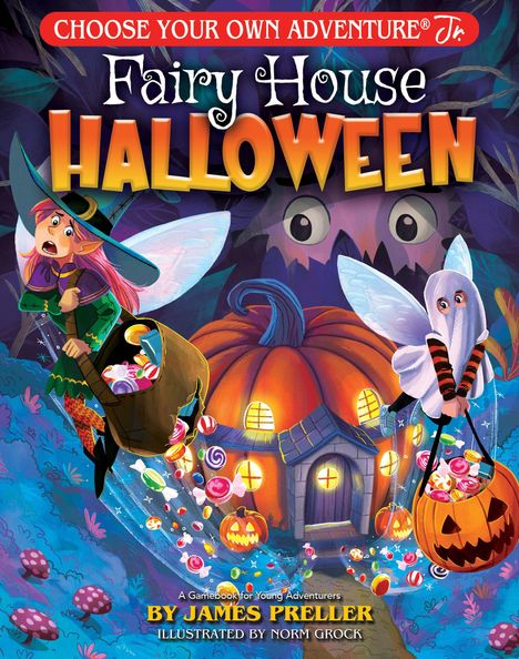„Fairy House Halloween“ in großen Buchstaben. Zwei Feen sammeln Süßigkeiten vor einem Kürbishaus.
