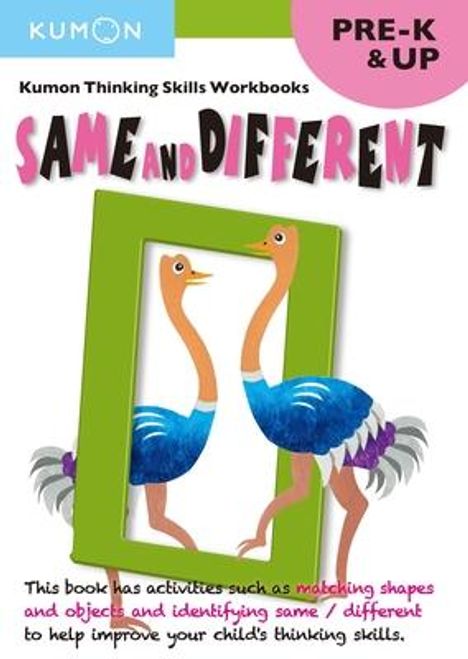 Titel: "Kumon Thinking Skills Workbooks: Same and Different". Zwei bunte Strauße, einer spiegelt sich im grünen Rahmen.