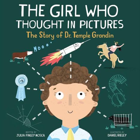 „THE GIRL WHO THOUGHT IN PICTURES: The Story of Dr. Temple Grandin“. Illustration eines Mädchens mit Gedanken.