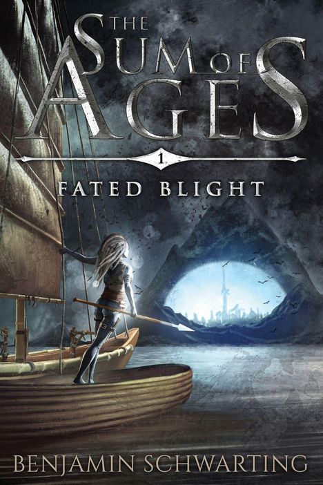 "The Sum of Ages 1: Fated Blight, Benjamin Schwarting." Eine Person auf einem Boot mit Speer, stürmische See und dramatischer Himmel.