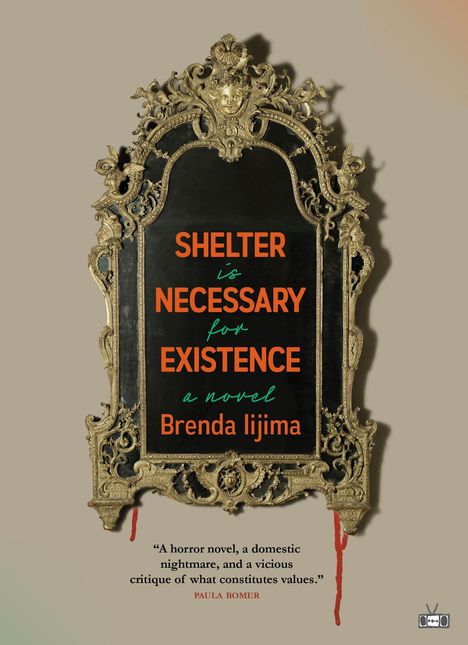 "Shelter is Necessary for Existence," ein Roman von Brenda Iijima. Ein kunstvoller Spiegelrahmen, blutrote Tropfen.