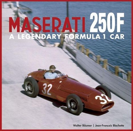 "Maserati 250F: A Legendary Formula 1 Car." Ein roter Rennwagen mit der Nummer 32 auf einer Strecke am Wasser.