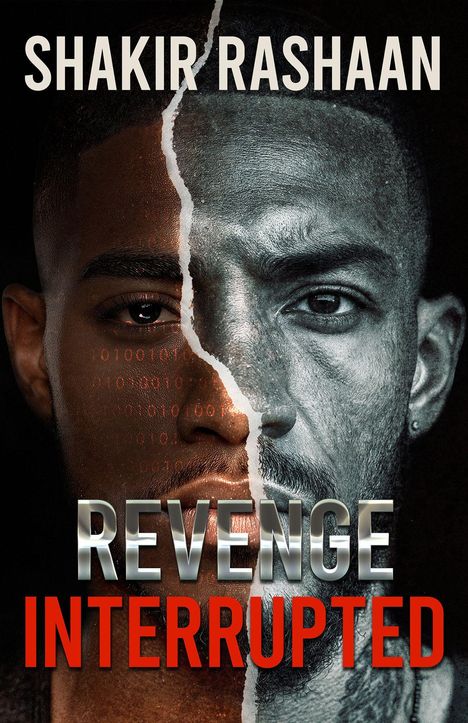 "SHAKIR RASHAAN REVENGE INTERRUPTED". Ein Gesicht, vertikal geteilt: links digital, rechts schwarz-weiß.