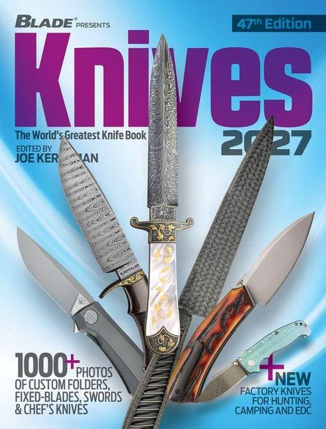 "Knives 2027" ist in großer Schrift zu lesen. Zu sehen sind sechs Messer in verschiedenen Designs auf blauem Hintergrund.