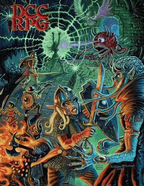 "DCC RPG" in roten Buchstaben. Eine Fantasy-Illustration mit Helden, Monstern, Magie und mittelalterlicher Ausrüstung.