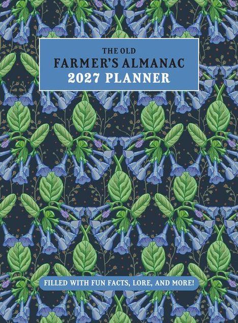 "The Old Farmer's Almanac 2027 Planner" steht oben. Grünes Blatt- und Glockenblumenmuster auf dunklem Hintergrund.
