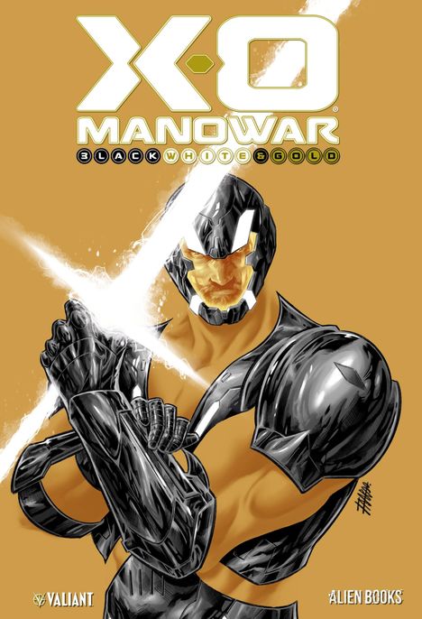 "X-O Manowar Black White & Gold". Illustration eines gepanzerten Kriegers mit leuchtendem Schwert auf gelbem Hintergrund.