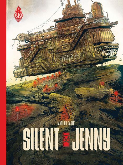 "SILENT JENNY" von Mathieu Bablet mit Logo. Ein großes, komplexes Luftschiff schwebt über einer felsigen Landschaft.