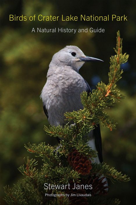 "Birds of Crater Lake National Park", "A Natural History and Guide", "Stewart Janes", "Photographs by Jim Livaudais". Ein grauer Vogel sitzt auf einem Nadelzweig.
