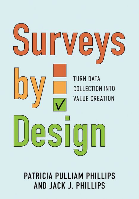 „Surveys by Design: Turn Data Collection into Value Creation“ von Patricia Pulliam Phillips und Jack J. Phillips. Farbiges, strukturiertes Layout.