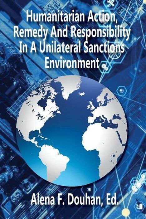 "Humanitarian Action, Remedy And Responsibility In A Unilateral Sanctions Environment" oben zentral. Bild: Globus vor digitalem Hintergrund.